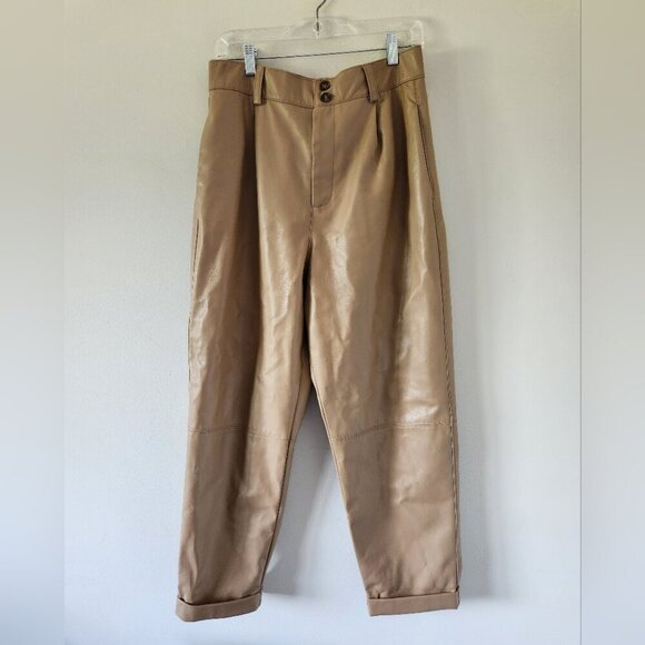 ZARA | Faux Leather Pants Cropped Beige Sz L - Picture 3 of 6